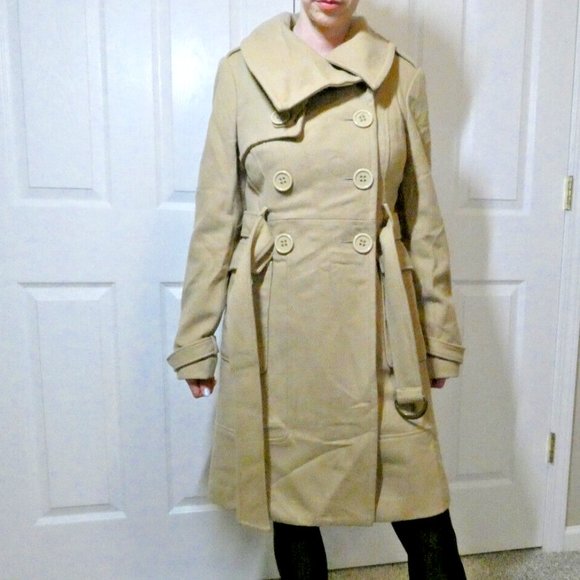Brown Lambs Wool Trench Coat bebe Winter Warm Classic Double Breasted Women M - Picture 8 of 13